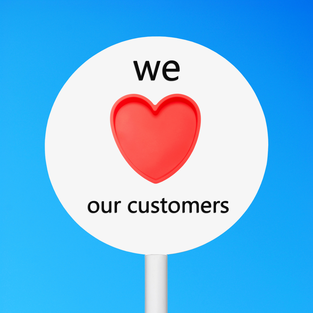 we love our customers in a white circle with a blue background